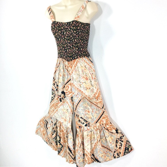 Spense Sz M Wide Leg Crop Jumpsuit Smocked Bodice Ruffles Pull On Retro - Picture 3 of 11